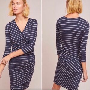 ANTHRO: SUNDRY STRIPED FABIAN RUCHED JERSEY FAUX WRAP DRESS